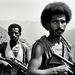 **

> A black and white historical photograph depicting Eritrean fighters, possibly members of the EPLF, in a mountainous region. They are armed and determined, representing the struggle for independence. The overall mood should be somber and reflect the hardships of the war.

**