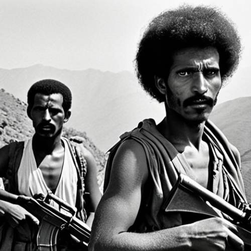 Home 19 **
> A black and white historical photograph depicting Eritrean fighters, possibly members of the EPLF, in a mountainous region. They are armed and determined, representing the struggle for independence. The overall mood should be somber and reflect the hardships of the war.
**