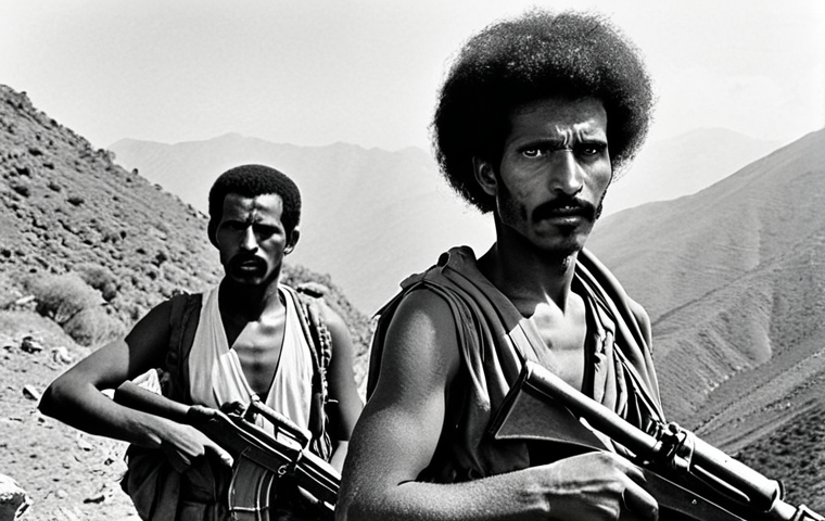 **
> A black and white historical photograph depicting Eritrean fighters, possibly members of the EPLF, in a mountainous region. They are armed and determined, representing the struggle for independence. The overall mood should be somber and reflect the hardships of the war.
**