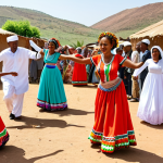 "A vibrant Eritrean wedding scene. Women in colorful 'zuba' dresses are dancing and celebrating. Men are wearing 'shalma'. The background shows a traditional Eritrean village."