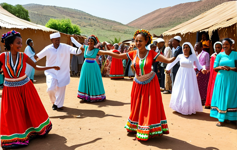 "A vibrant Eritrean wedding scene. Women in colorful 'zuba' dresses are dancing and celebrating. Men are wearing 'shalma'. The background shows a traditional Eritrean village."