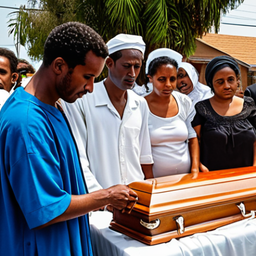 Home 17 **
A vibrant Eritrean community scene during a funeral. Show neighbors, friends, and relatives helping the grieving family. Some are cooking, others cleaning, and some offering emotional support. Emphasize the sense of togetherness and community spirit.
**