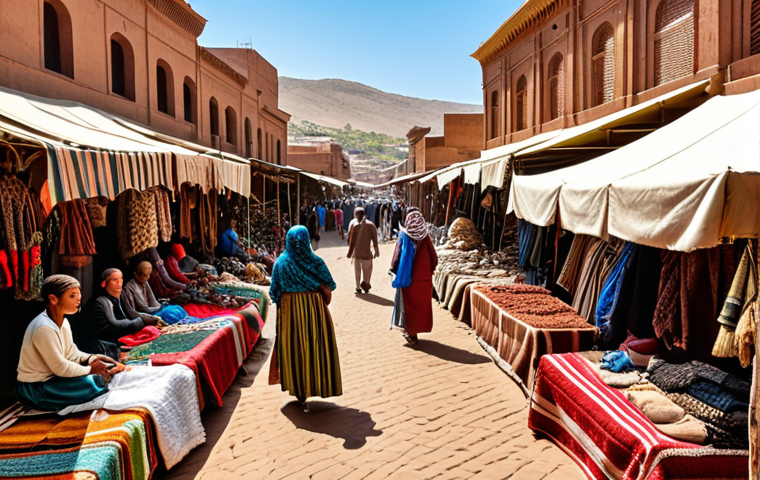 ** A bustling Asmara marketplace filled with local crafts and traditional textiles, showcasing the city's cultural heritage. People are interacting in the market, reflecting a vibrant scene.
**