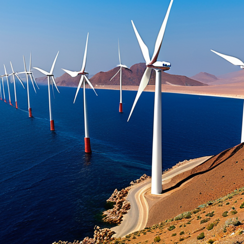 A breathtaking wide shot of Eritrea's rugged Red Sea coastline converging with vast, undulating plateaus under a clear, bright sky. A series of modern, gleaming white wind turbines stand tall and majestic, harnessing the powerful, consistent winds. The landscape is depicted in natural, vibrant colors, showcasing the immense natural beauty and renewable energy potential of the region. The image conveys a sense of progress and clean power. safe for work, appropriate content, fully clothed, professional, perfect anatomy, correct proportions, natural pose, high quality.