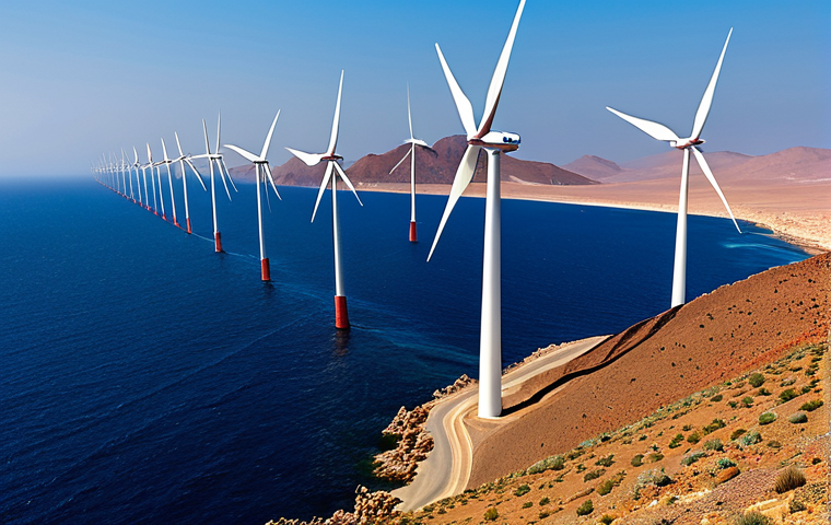 A breathtaking wide shot of Eritrea's rugged Red Sea coastline converging with vast, undulating plateaus under a clear, bright sky. A series of modern, gleaming white wind turbines stand tall and majestic, harnessing the powerful, consistent winds. The landscape is depicted in natural, vibrant colors, showcasing the immense natural beauty and renewable energy potential of the region. The image conveys a sense of progress and clean power. safe for work, appropriate content, fully clothed, professional, perfect anatomy, correct proportions, natural pose, high quality.