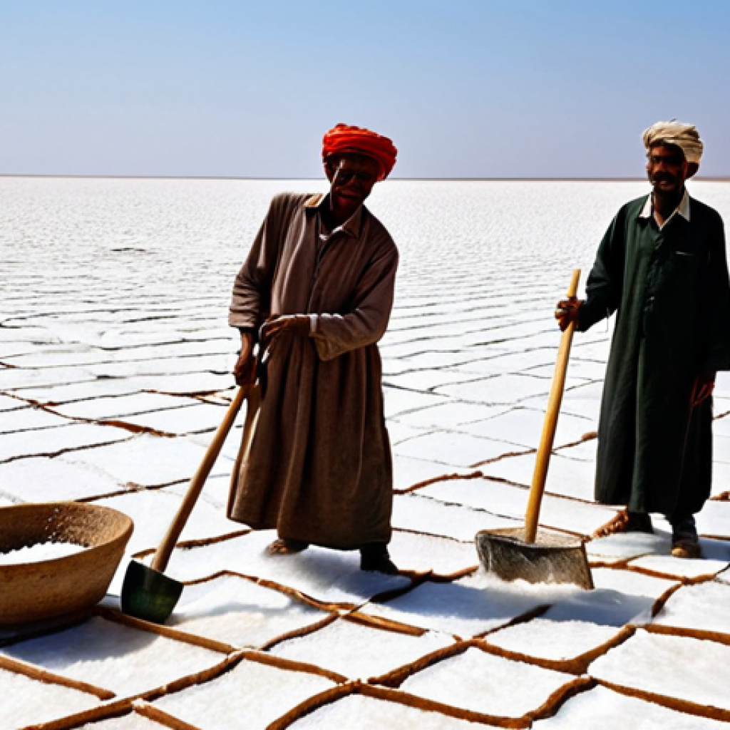 **
"A vast salt pan in Eritrea, local workers in modest clothing harvesting salt with traditional wooden tools, sun shining brightly, red sea in the background, fully clothed, appropriate attire, safe for work, perfect anatomy, natural proportions, professional, family-friendly, high quality."
**