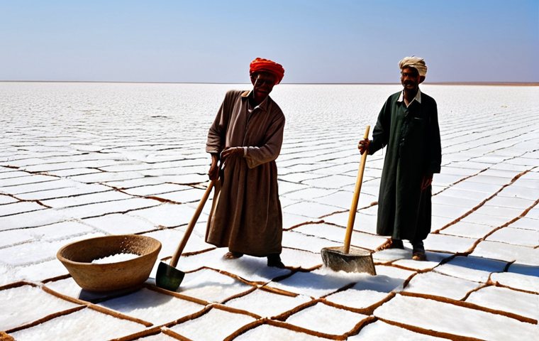 **
"A vast salt pan in Eritrea, local workers in modest clothing harvesting salt with traditional wooden tools, sun shining brightly, red sea in the background, fully clothed, appropriate attire, safe for work, perfect anatomy, natural proportions, professional, family-friendly, high quality."
**