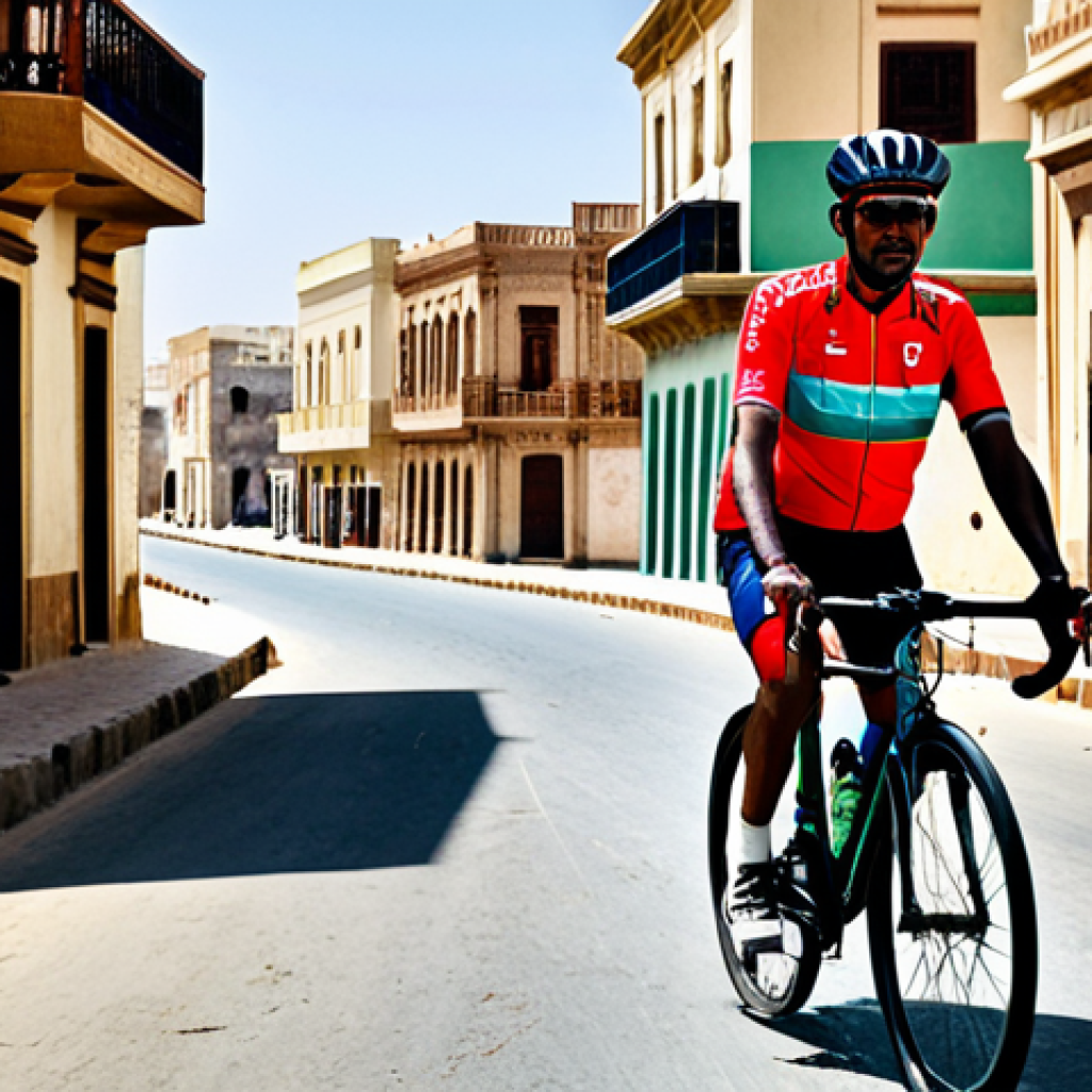 "A cyclist wearing appropriate cycling gear, fully clothed, rides through the historic streets of Massawa, Eritrea, with the Red Sea visible in the background, safe for work, perfect anatomy, natural pose, high-quality photography, professional."