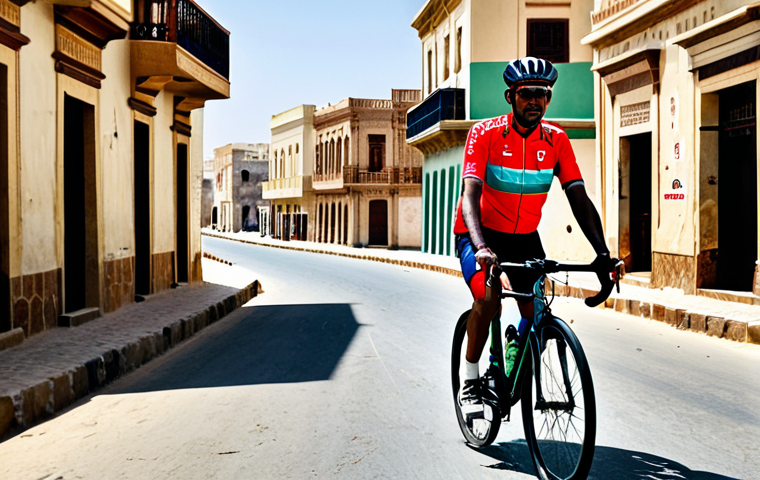 "A cyclist wearing appropriate cycling gear, fully clothed, rides through the historic streets of Massawa, Eritrea, with the Red Sea visible in the background, safe for work, perfect anatomy, natural pose, high-quality photography, professional."