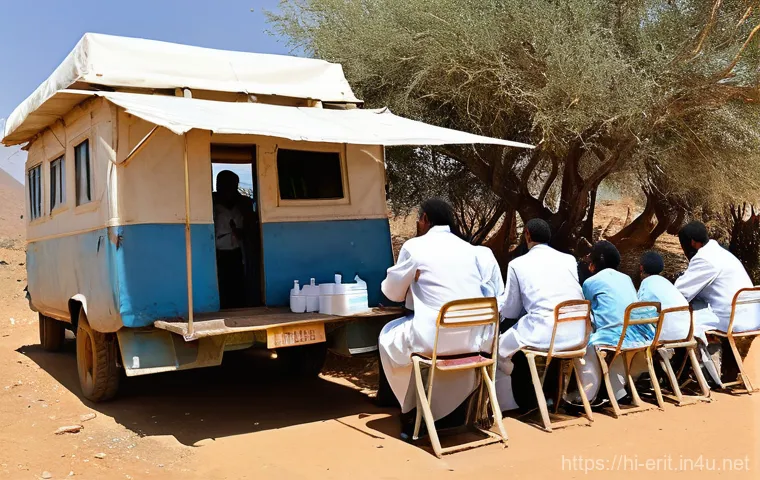 에리트레아의 주요 병원 - **Mobile Clinic Reaching Remote Eritrean Village**
A vibrant, sun-drenched scene in a rural Erit...