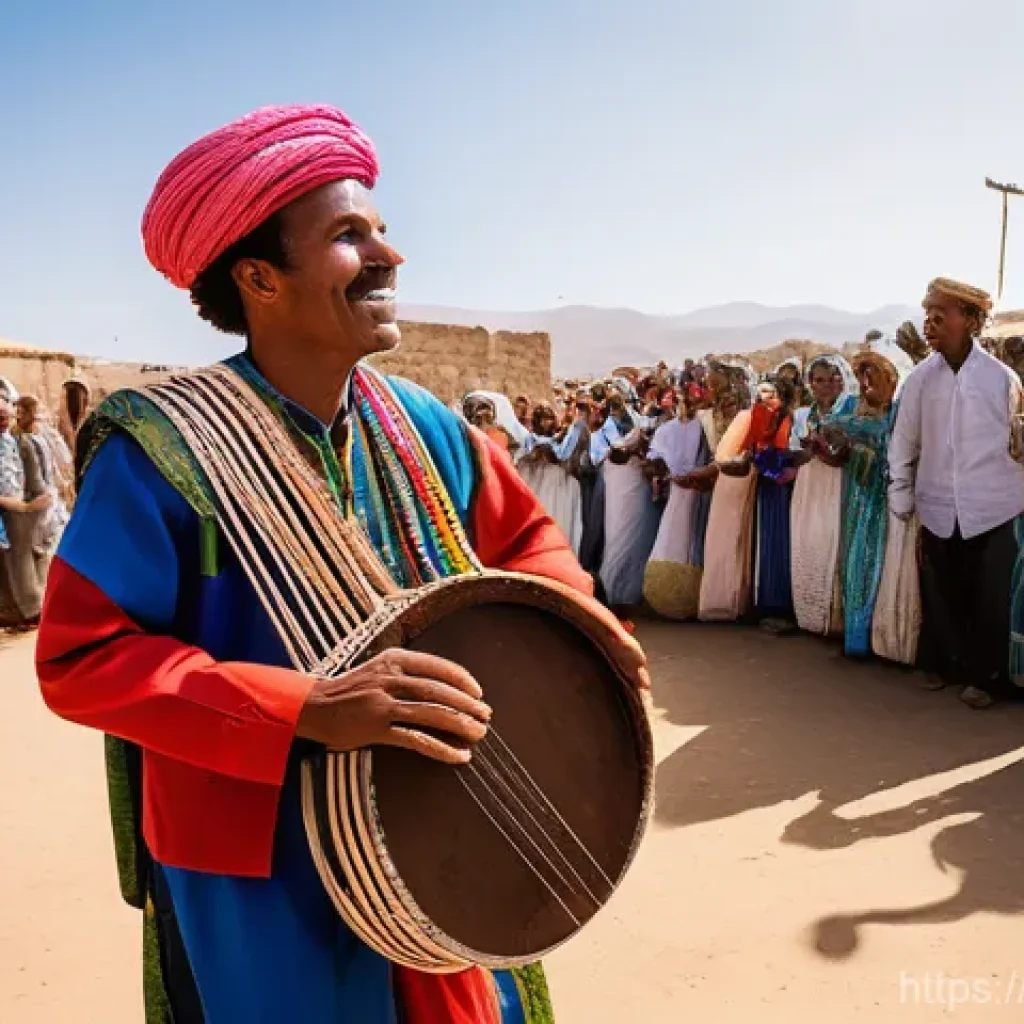 에리트레아 전통 악기 - A vibrant, wide-angle shot of a traditional Eritrean festival. In the foreground, an Eritrean man, d...