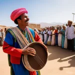 에리트레아 전통 악기 - A vibrant, wide-angle shot of a traditional Eritrean festival. In the foreground, an Eritrean man, d...