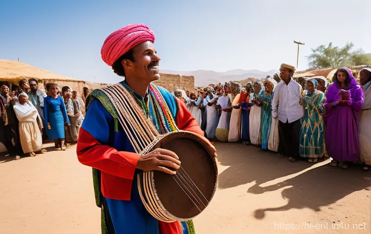 에리트레아 전통 악기 - A vibrant, wide-angle shot of a traditional Eritrean festival. In the foreground, an Eritrean man, d...