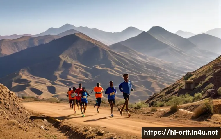 에리트레아 육상 선수 - **Prompt 1: High-Altitude Training in Eritrea**
"An inspiring wide-angle shot of Eritrean long-d...